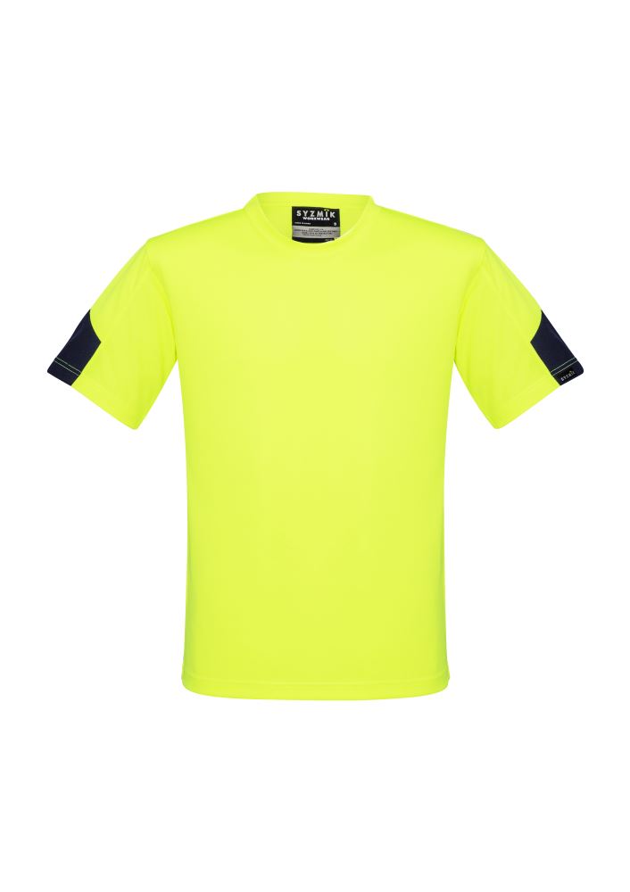 Mens Hi-Vis Squad T-Shirt in yellow, 100% polyester, breathable, moisture-wicking, safe for food industry, modern design.