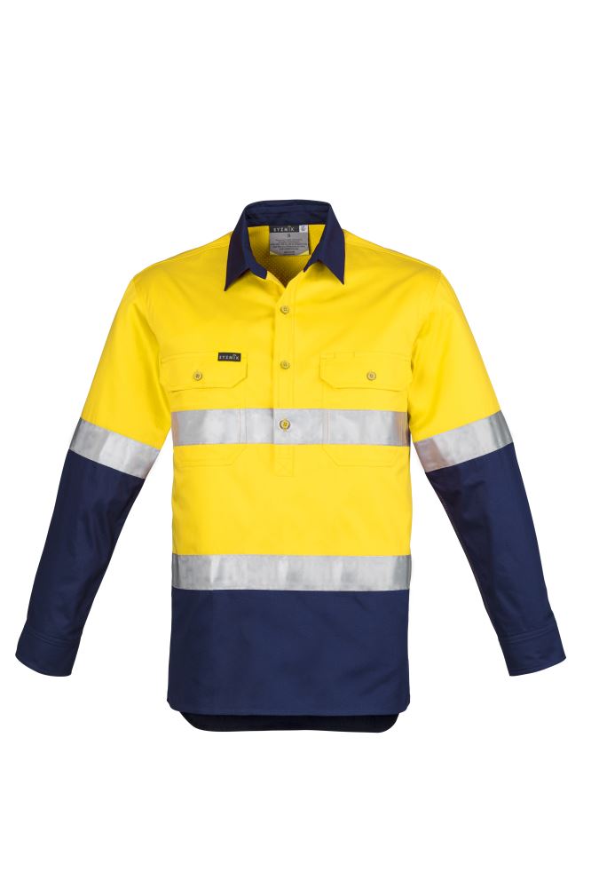Mens Hi-Vis Taped Closed Front Shirt in Yellow/Navy, featuring breathable fabric, reflective tape, and practical pockets.