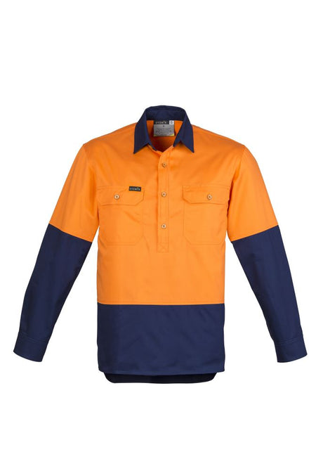 Mens Hi-Vis Closed Front Shirt in orange and navy, featuring breathable fabric, mesh vents, and two chest pockets for essentials.