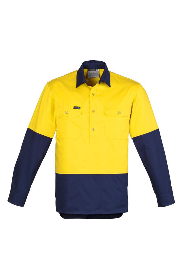 Men's Hi-Vis Closed Front Shirt in Yellow/Navy, made from 170gsm cotton twill for durability and breathability, featuring two chest pockets.
