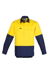 Mens Hi-Vis Closed Front Shirt in Yellow and Navy, featuring cotton twill, mesh vents, and practical pockets for outdoor work.