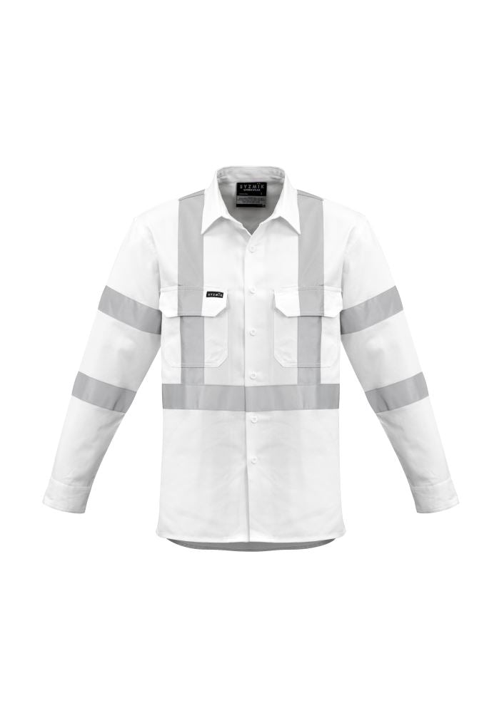 Men's white Bio Motion X Back shirt with durable cotton, safety features, and two chest pockets, designed for visibility and comfort.