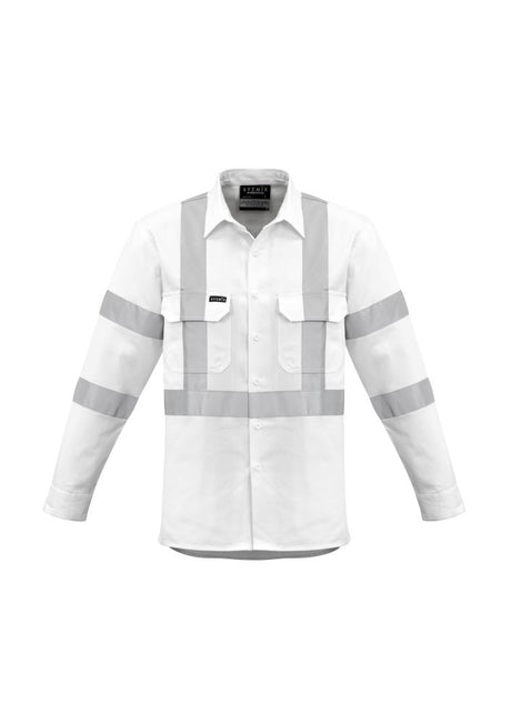 Men's white Bio Motion X Back shirt with durable cotton, safety features, and two chest pockets, designed for visibility and comfort.