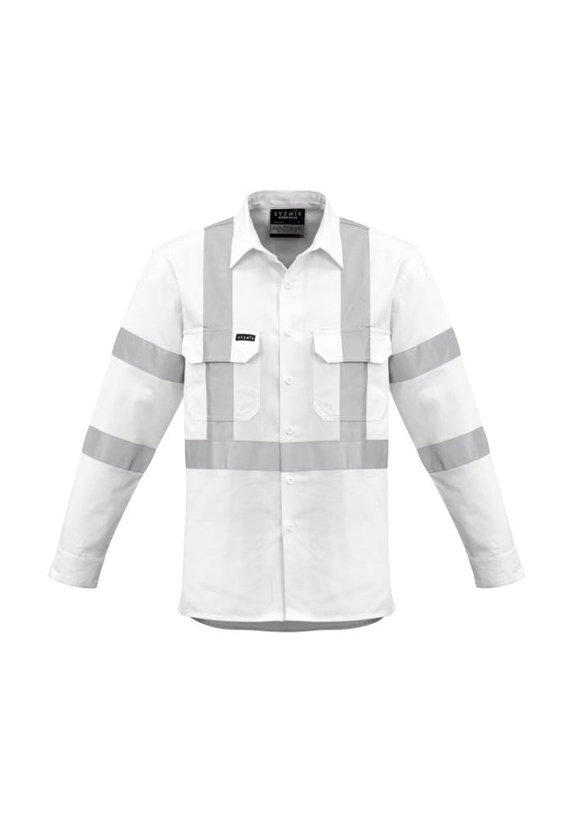 Men's white Bio Motion X Back shirt with durable cotton, safety features, and two chest pockets, designed for visibility and comfort.