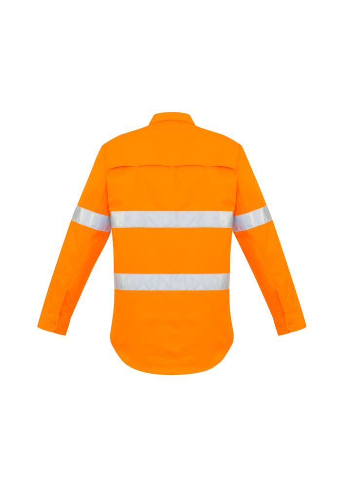 Bright orange Syzmik Men's Hi-Vis shirt with reflective hoop taping, mesh vents, and dual chest pockets for work safety.