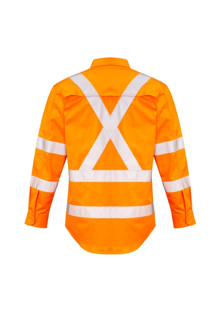 Men's Hi-Vis X-Back Taped Shirt in vibrant orange, featuring cotton twill fabric, mesh vents, bio-motion tape, and practical pockets.