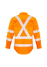 Hi-Vis orange work shirt with X back tape, made of 100% cotton twill, enhancing visibility and comfort for outdoor jobs.