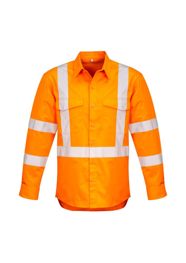 Men's Hi-Vis orange shirt with X back tape, featuring cotton twill fabric, mesh vents, and two chest pockets for utility.