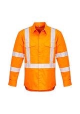Bright orange high-visibility shirt with X back taping, cotton twill fabric, and breathable mesh inserts for comfort and safety.