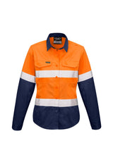 Women’s Hi-Vis Spliced Shirt in Orange and Navy, featuring breathable mesh vents, stretch fabric, and reflective tape for safety.