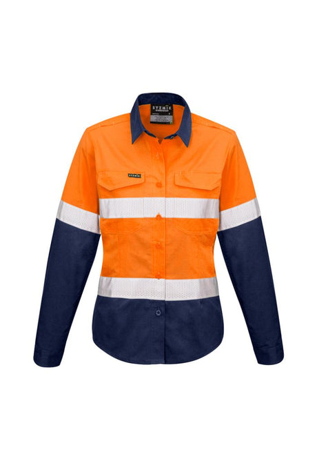 Women’s Hi-Vis Spliced Shirt in Orange and Navy, featuring breathable mesh vents, stretch fabric, and reflective tape for safety.