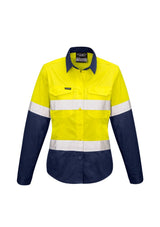 Women’s yellow and navy cool spliced work shirt with mesh venting, reflective tape, and tailored feminine fit, ideal for hot workdays.