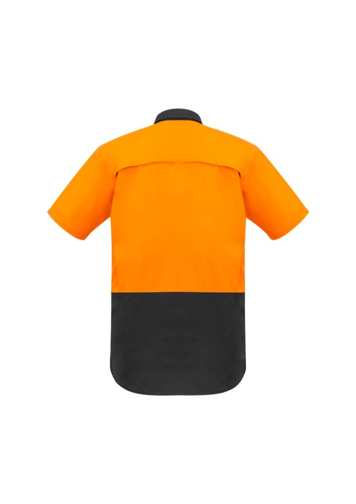 Hi-Vis Orange and Charcoal men's shirt with mechanical stretch, mesh venting, and two chest pockets for optimal comfort and visibility.