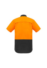 Men's Rugged Cooling Hi-Vis Spliced Short Sleeve Shirt in Orange/Charcoal, featuring breathable mesh venting and durable cotton ripstop fabric.