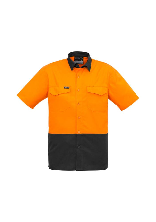 Hi-vis orange charcoal short sleeve shirt with breathable mesh vents, chest pockets, and durable cotton ripstop fabric.