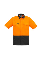 Hi-vis orange and charcoal short sleeve shirt with breathable mesh, stretch fabric, and reinforced pockets for work safety.