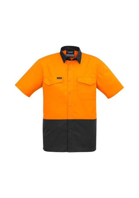 Men's rugged cooling hi-vis shirt in orange and charcoal, featuring breathable mesh venting and spacious chest pockets for tools.