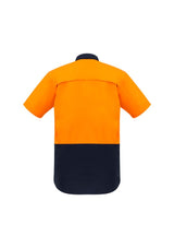 Hi-Vis men's short sleeve shirt in orange and navy with mesh vents, durable cotton, and mechanical stretch for comfort.