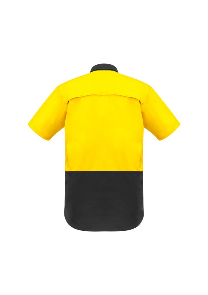 Men's yellow and charcoal short sleeve high-visibility work shirt featuring breathable mesh venting and sturdy ripstop fabric.