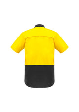 Men's Hi-Vis Spliced SS Shirt in Yellow and Charcoal, featuring breathable mesh, mechanical stretch, and two chest pockets.