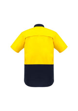 Men's Hi-Vis Spliced Short Sleeve Shirt in Yellow/Navy, featuring breathable mesh venting, durable cotton fabric, and flexible fit.