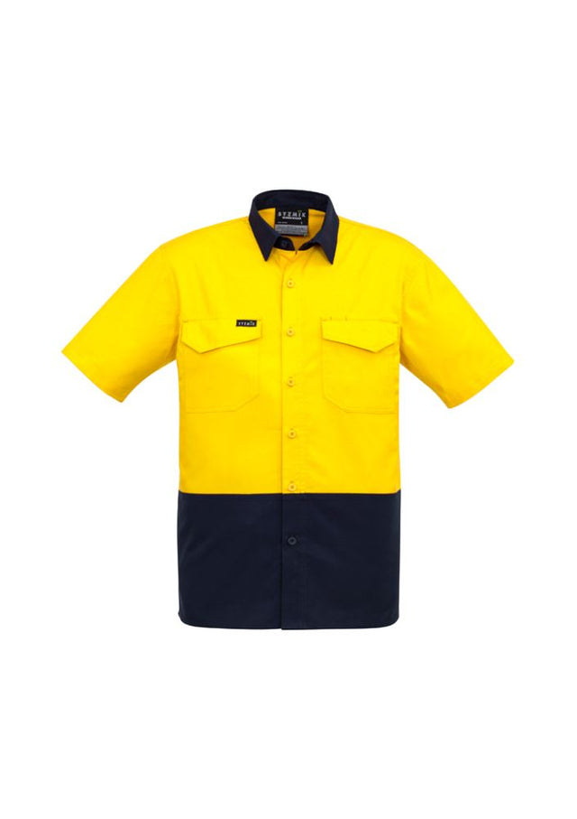 High-visibility yellow and navy men's shirt with mesh venting, mechanical stretch, and chest pockets for workwear comfort.