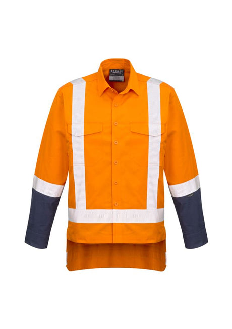 Men's orange rugged cooling work shirt with square weave cotton, venting, mechanical stretch, and chest pockets for durability.