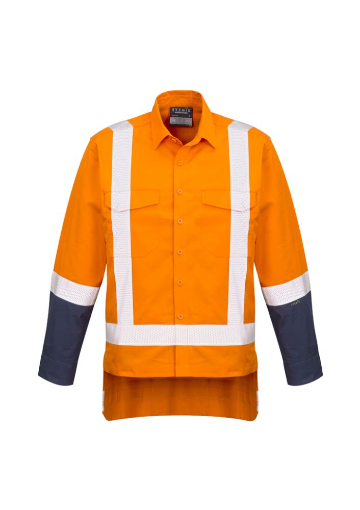 Men's rugged cooling work shirt in orange, featuring breathable cotton ripstop, mesh venting, and reinforced pockets for durability.