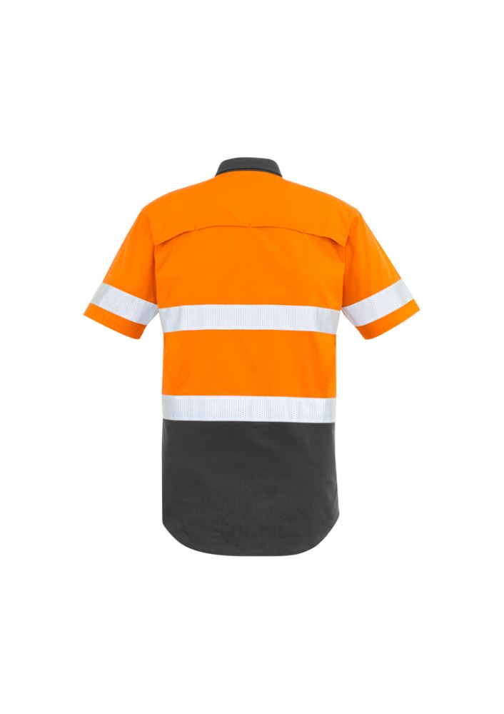 Men's orange and charcoal cooling hi-vis shirt with mesh venting, two chest pockets, and reinforced for durability.