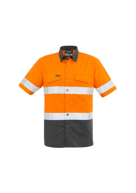 Men's orange and charcoal hi-vis shirt with mesh venting, mechanical stretch, and reinforced pockets for workwear durability.