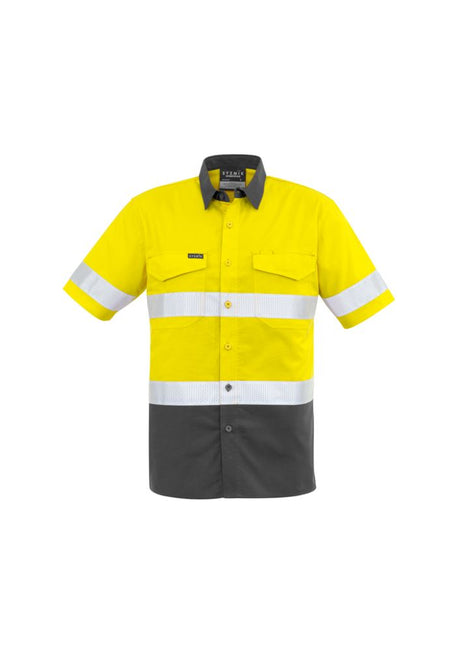 Men's Yellow/Charcoal Hi-Vis Short Sleeve Shirt by Syzmik with breathable mesh vents and two chest pockets for outdoor work.