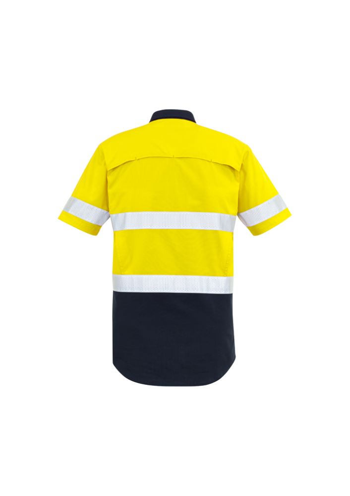 Syzmik Men's Rugged Cooling Taped Hi-Vis Shirt in Yellow/Navy, featuring breathable fabric, mesh venting, and reinforced chest pockets.