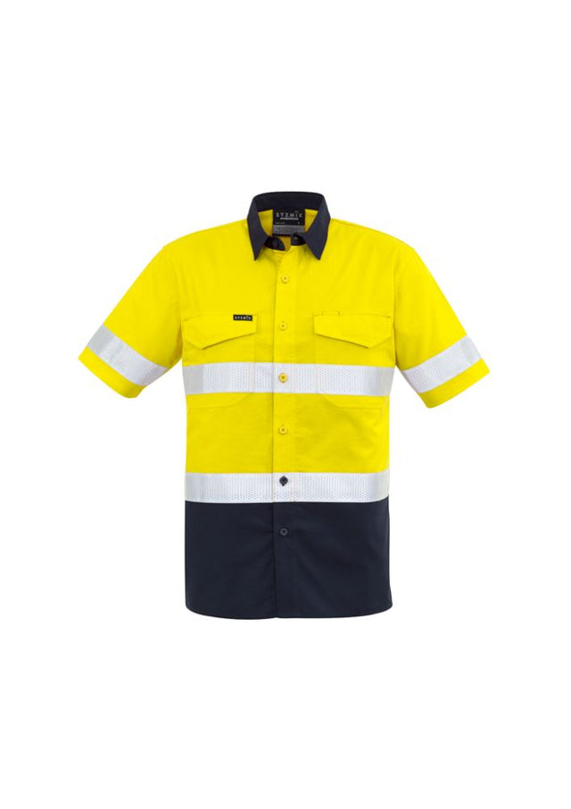 Men's rugged cooling Hi-Vis shirt in yellow and navy, featuring mesh venting, dual chest pockets, and reinforced durability.