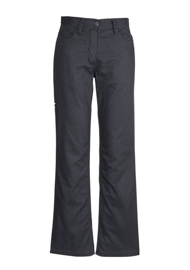 Women's charcoal utility pants with feminine fit, durable cotton twill, triple stitched seams, and practical pockets.