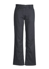 Women's charcoal utility pants by Syzmik, featuring durable cotton twill, feminine fit, reinforced stitching, and practical pockets.