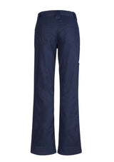 Navy women's utility pants featuring 100% cotton twill, feminine fit, reinforced heels, and discrete side pocket.