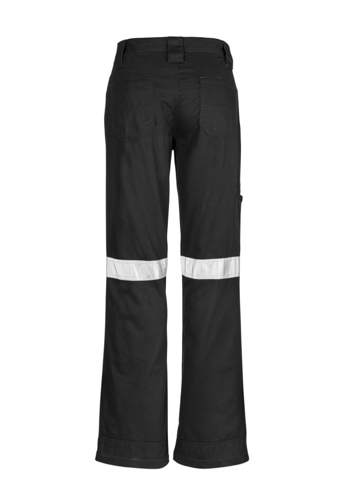 Women's black taped utility pants featuring reflective tape, reinforced seams, and a feminine fit for durability and style.