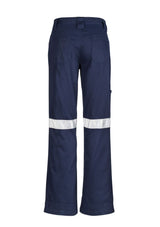 Women's navy utility pants with reflective tape, made from durable cotton twill, featuring a feminine fit and reinforced pockets.