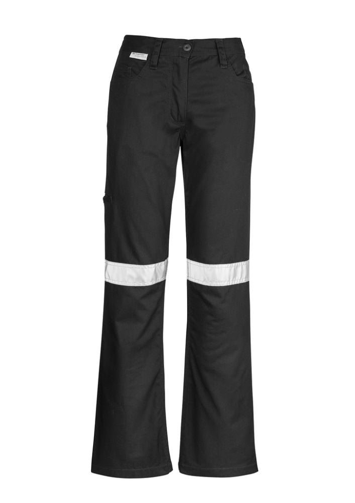 Women's navy taped utility pants with reflective tape, cotton twill, and reinforced patches for durability and style.