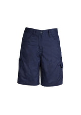 Navy women's utility shorts, size 12, made of durable cotton twill with reinforced pockets and a feminine fit for versatile wear.