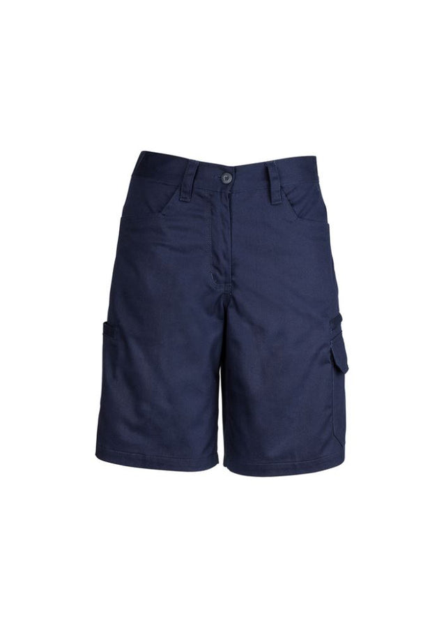 Women's navy utility shorts in size 8, featuring durable cotton twill, reinforced pockets, and a feminine fit.