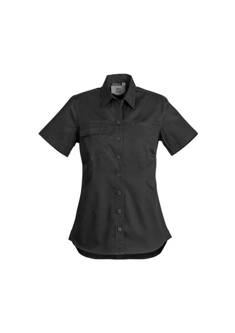 Women's black lightweight tradie shirt with short sleeves, cotton twill, functional pockets, and tailored fit for comfort.