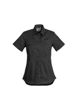 Womens Lightweight Tradie Shirt in black, size 18, showcasing breathable cotton twill, durable seams, and practical pockets.