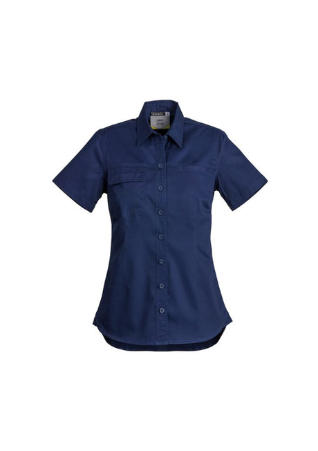 Women's lightweight blue tradie shirt, size 18, with short sleeves, durable seams, pockets, and breathable design by Syzmik.