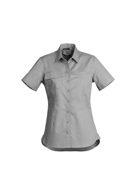 Women's lightweight grey Tradie shirt by Syzmik, featuring short sleeves, cotton twill fabric, and ample pocket storage.