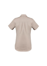 Women's sand lightweight tradie shirt, size 16, with breathable cotton, triple-stitched seams, and feminine fit.