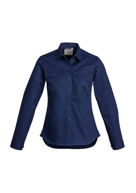 Women's blue lightweight long sleeve tradie shirt by Syzmik, featuring breathable cotton, darted fit, and functional pockets.