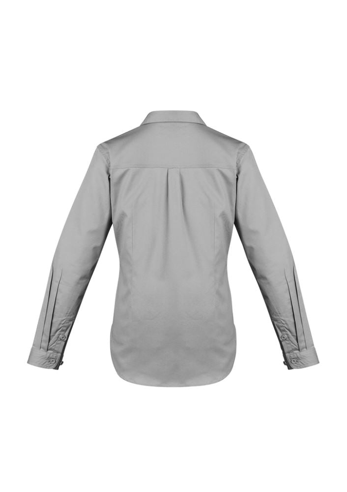 Lightweight grey women's tradie shirt with long sleeves, cotton twill fabric, functional pockets, and feminine fit.