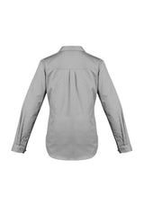 Lightweight grey women's tradie shirt with long sleeves, cotton twill fabric, functional pockets, and feminine fit.