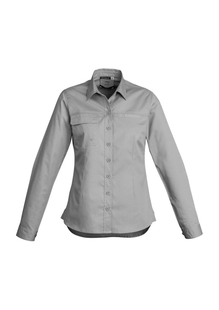 Women's lightweight grey tradie shirt, 100% cotton, long sleeves, flattering fit, with pockets and breathable vents.
